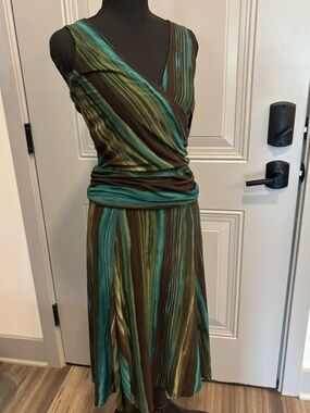 Alyn Paige Teal and Brown Striped Sleeveless Wrap Midi Dress